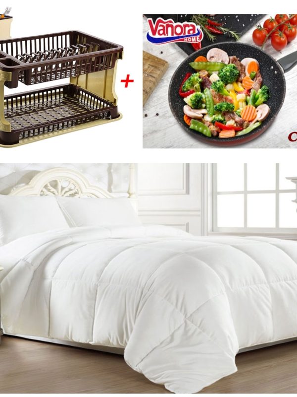 Pilota calduroasa Fantasy, de iarna, pentru pat dublu, alba sau imprimata 180x210cm + Suport de vase cu tava de scurgere + 1 Tigaie teflon adanca