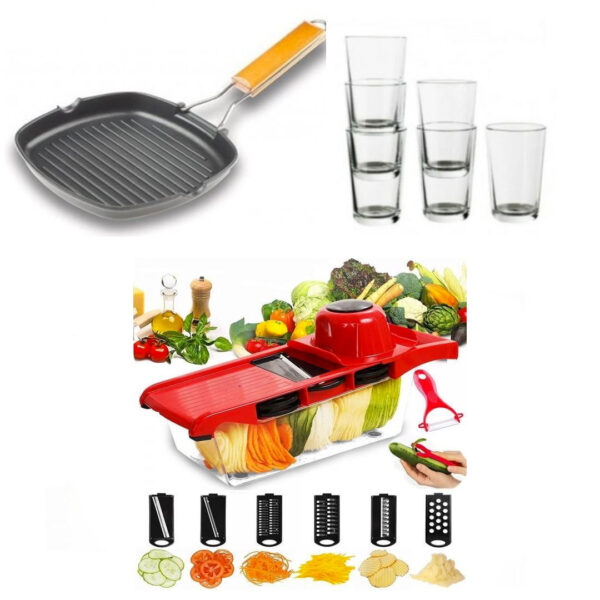 Razatoare 6 in 1 pentru legume Wire Cutter + Tigaie Grill, non-stick, cu maner pliabil + CADOU Set 6 pahare!