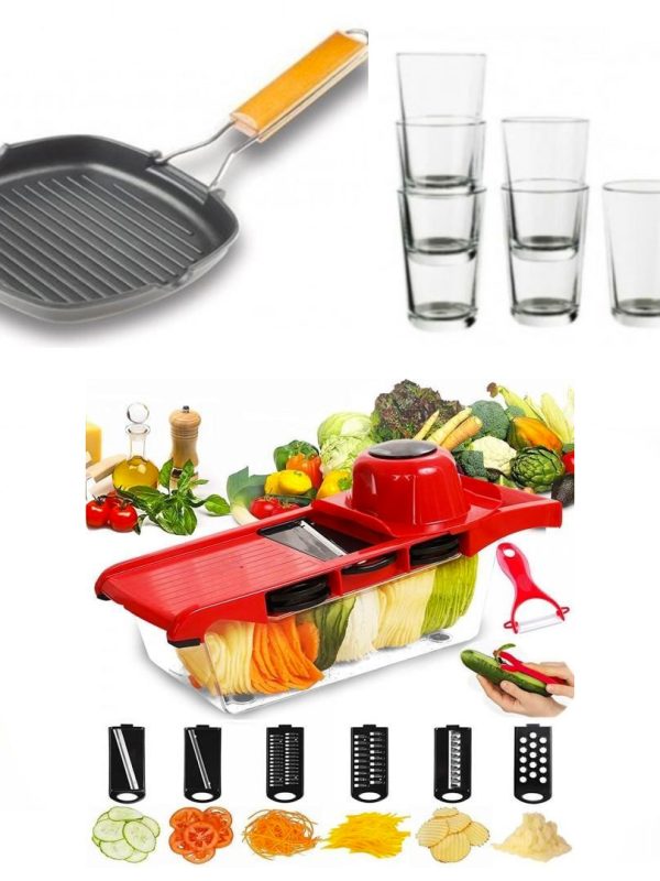 Razatoare 6 in 1 pentru legume Wire Cutter + Tigaie Grill, non-stick, cu maner pliabil + CADOU Set 6 pahare!