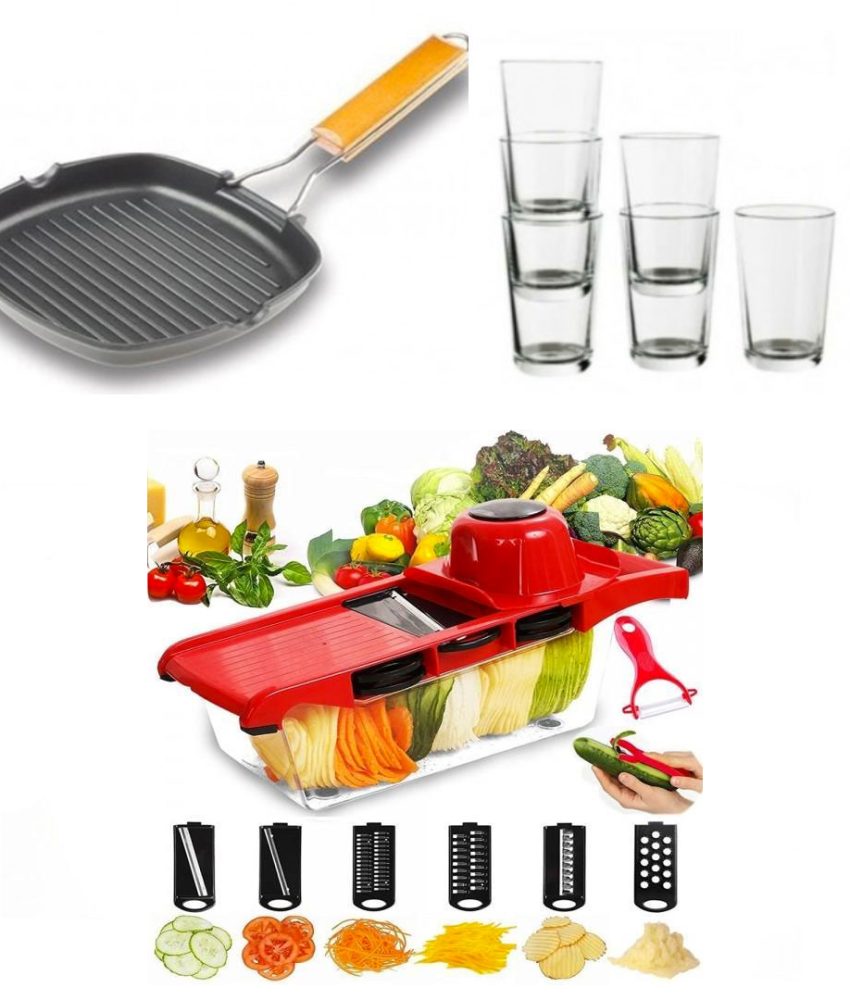 Razatoare 6 in 1 pentru legume Wire Cutter + Tigaie Grill, non-stick, cu maner pliabil + CADOU Set 6 pahare!