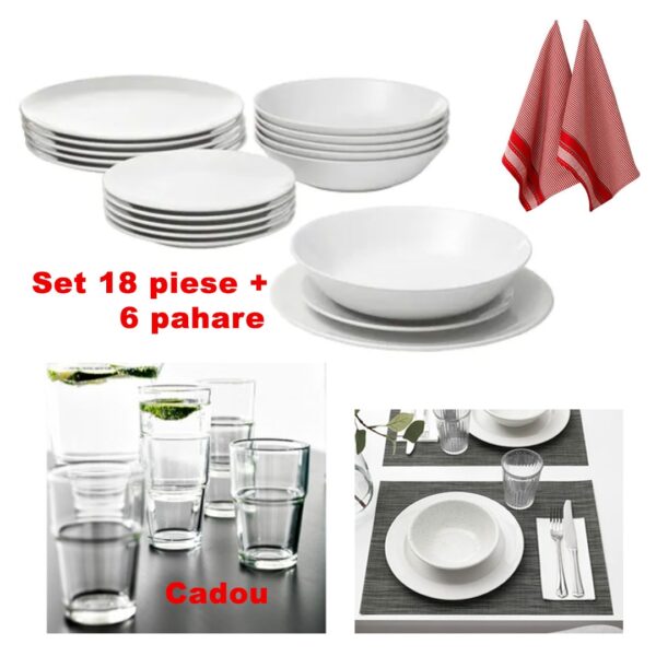 Serviciu de masa 18 Piese ceramica vitrificata + Set 2 Prosoape bucatarie bumbac 100% + Set 6 pahare sticla Cadou