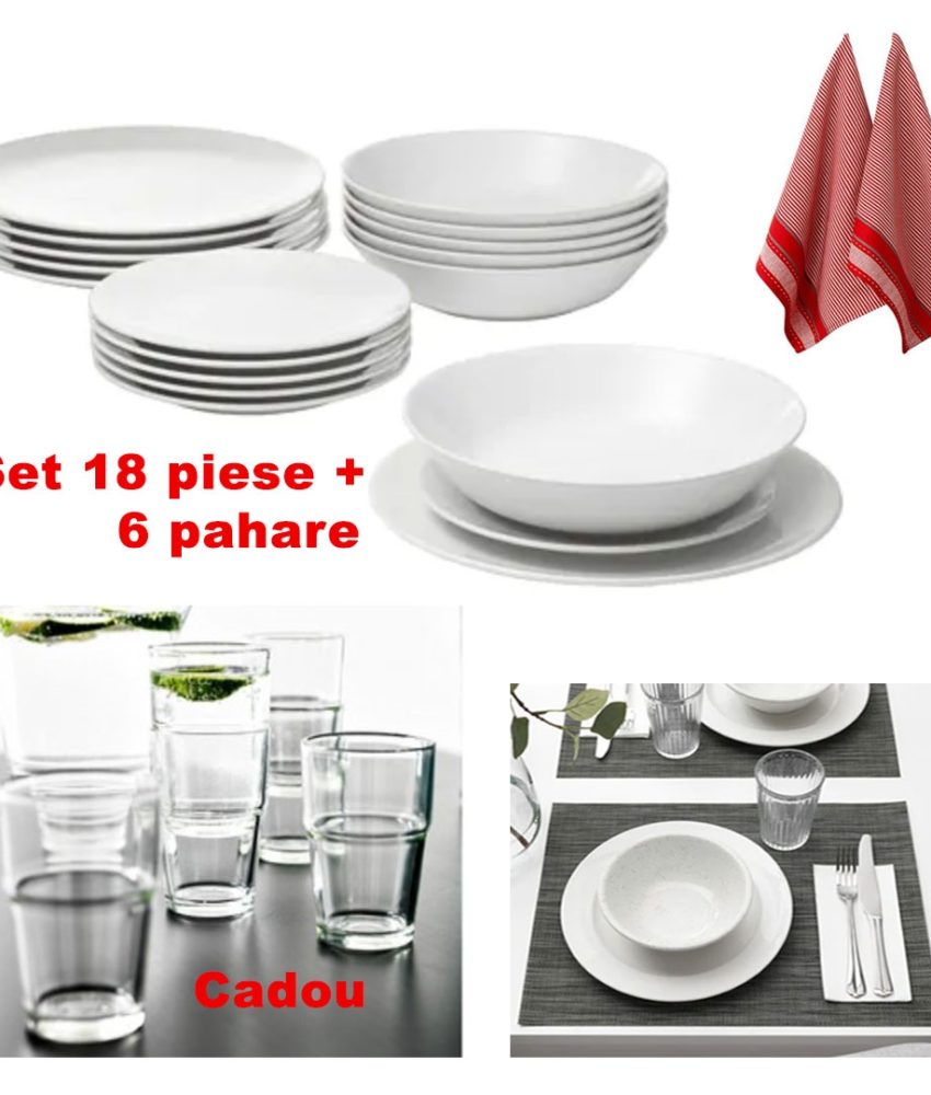 Serviciu de masa 18 Piese ceramica vitrificata + Set 2 Prosoape bucatarie bumbac 100% + Set 6 pahare sticla Cadou
