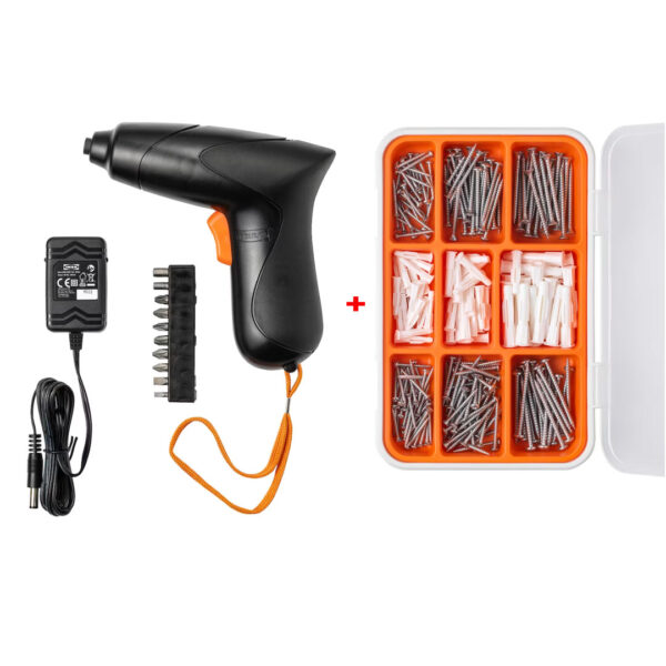 Surubelnita electrica li-ion fara fir, cu acumulator si suport pentru burghiu, 10 capete de schimb + trusa 260 piese holsuruburi si dibluri