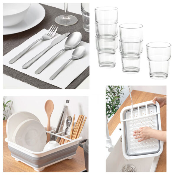 Tacamuri inox design nordic, Set 16 piese + uscator de vase pliabil, alb + Cadou Set 6 pahare din sticla