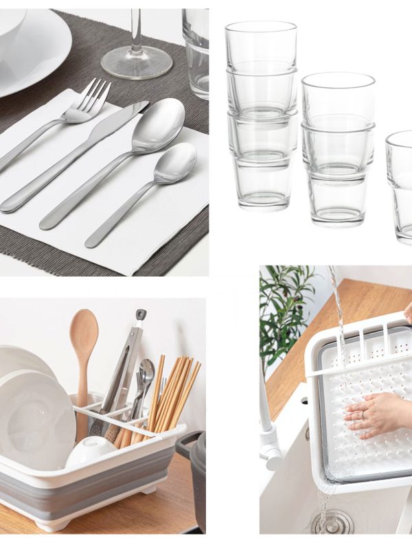 Tacamuri inox design nordic, Set 16 piese + uscator de vase pliabil, alb + Cadou Set 6 pahare din sticla