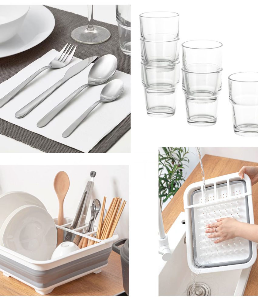 Tacamuri inox design nordic, Set 16 piese + uscator de vase pliabil, alb + Cadou Set 6 pahare din sticla