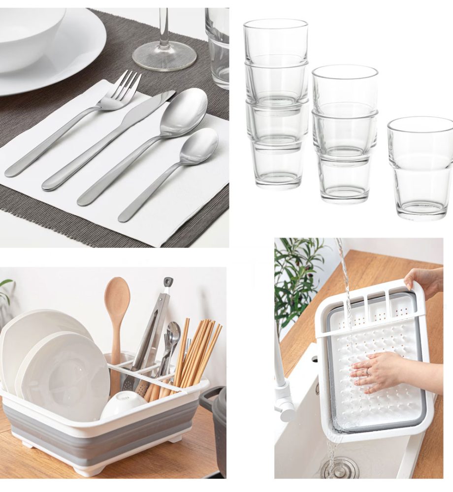 Tacamuri inox design nordic, Set 16 piese + uscator de vase pliabil, alb + Cadou Set 6 pahare din sticla