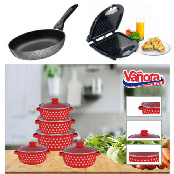 Oale de gatit 10 piese Vanora Home, Aria + Sandwich maker profesional tip grill + Cadou 1 Tigaie teflon Delis 20cm!