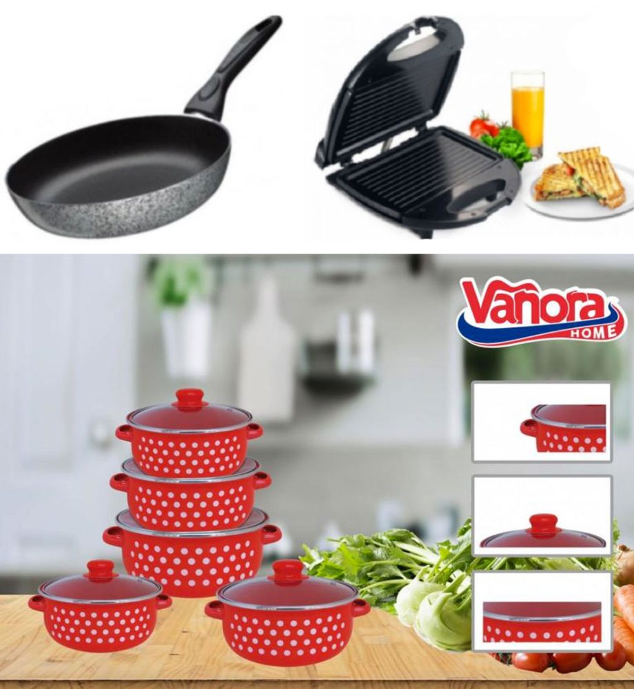 Oale de gatit 10 piese Vanora Home, Aria + Sandwich maker profesional tip grill + Cadou 1 Tigaie teflon Delis 20cm!