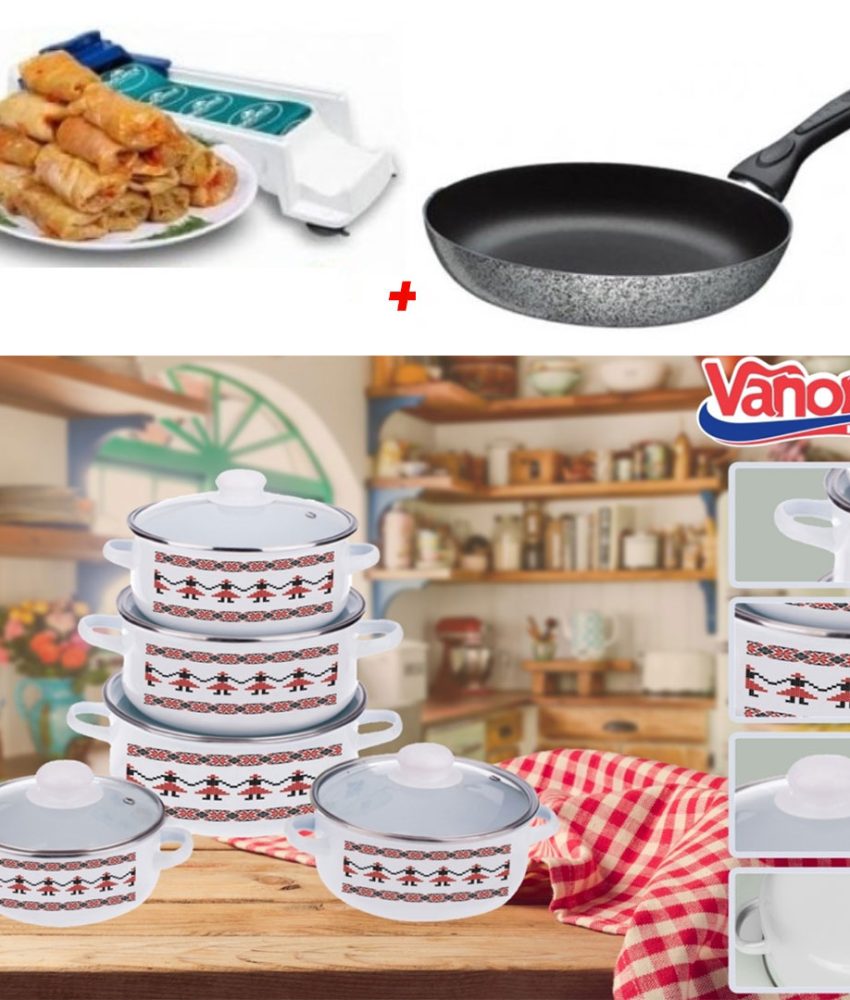 Oale si Cratite, 10 Piese, model traditional Bucovina + Tigaie teflon 24cm + Aparat de facut sarmale