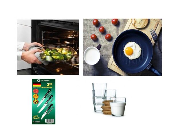 Vase pentru cuptor din sticla transparenta + 2 tigai Teflon XXL + CADOU set cutite inox + Set 6 pahare sticla