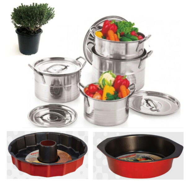 Set 4 Oale Inox Cu Capac Stock Pot, 4l, 5l, 8l, 10l, Cu Manere De Prindere + Forma de copt con + Tava teflonata cu manere