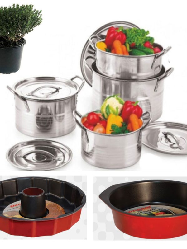 Set 4 Oale Inox Cu Capac Stock Pot, 4l, 5l, 8l, 10l, Cu Manere De Prindere + Forma de copt con + Tava teflonata cu manere