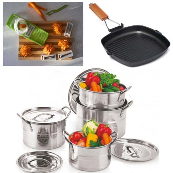 Set 4 Oale Inox cu Capace si manere, Stock Pot, 4l, 5l, 8l, 10l + Razatoare 7 piese Vanora Home + Tigaie grill cu maner pliabil