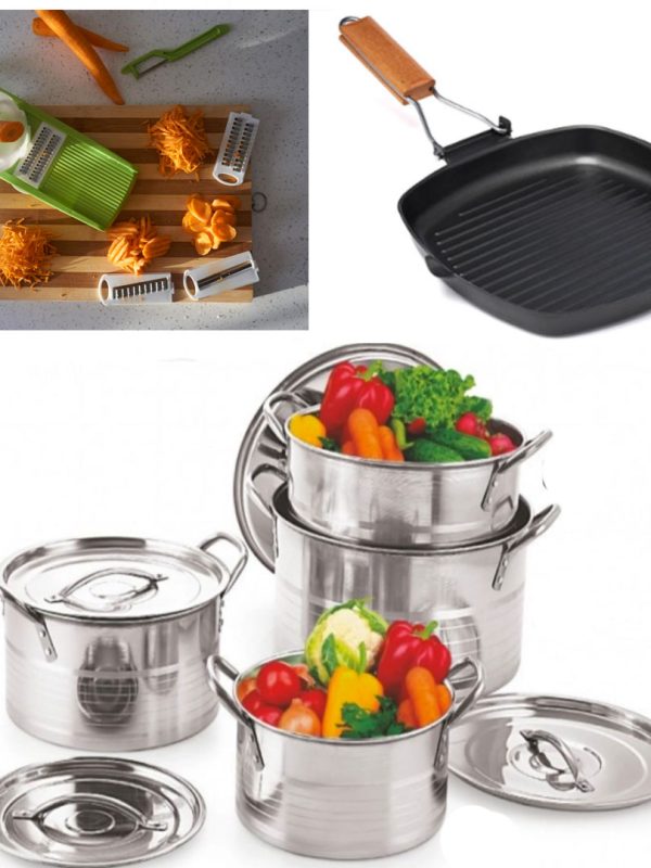 Set 4 Oale Inox cu Capace si manere, Stock Pot, 4l, 5l, 8l, 10l + Razatoare 7 piese Vanora Home + Tigaie grill cu maner pliabil