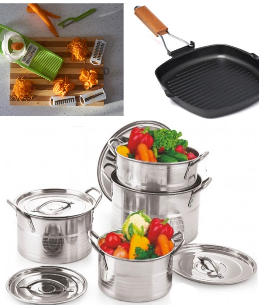 Set 4 Oale Inox cu Capace si manere, Stock Pot, 4l, 5l, 8l, 10l + Razatoare 7 piese Vanora Home + Tigaie grill cu maner pliabil