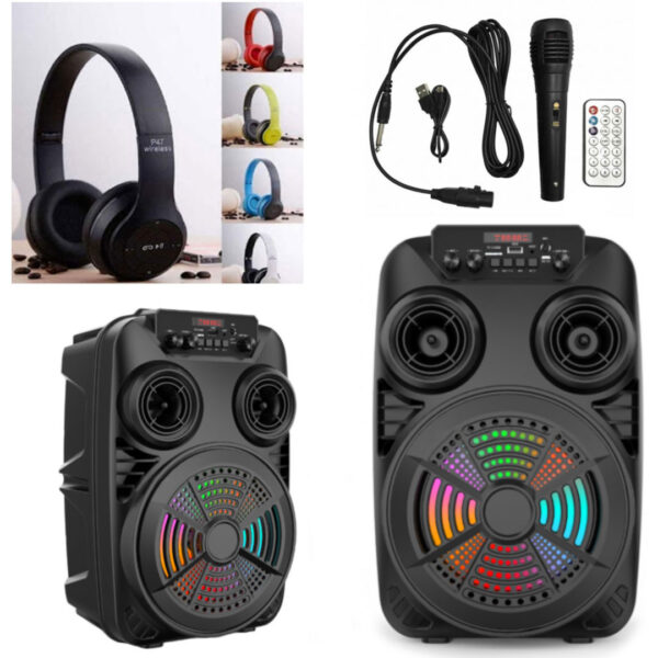 Boxa portabila ZQS 8107S, Bluetooth, Super Woofer, Led Display, Lumini Disco, USB,TF, FM Radio + Microfon Karaoke + Telecomanda + Casti Bluetooth cu microfon, radio si SD card, P47