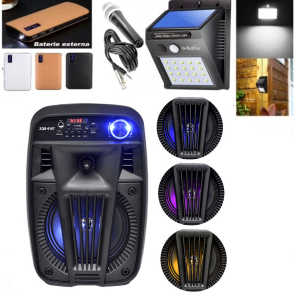 Boxa activa portabila ZQS 6145/6146, 150W puBoxa Activa Bluetooth 7S-6107 200W, Difuzor 6.5 INCH, Xtra Bass, Ecran LCD + Microfon si Telecomanda + Baterie Externa Fast Charger 20000 mAh, 3x USB, Lanterna + Lampa led cu incarcare solara
