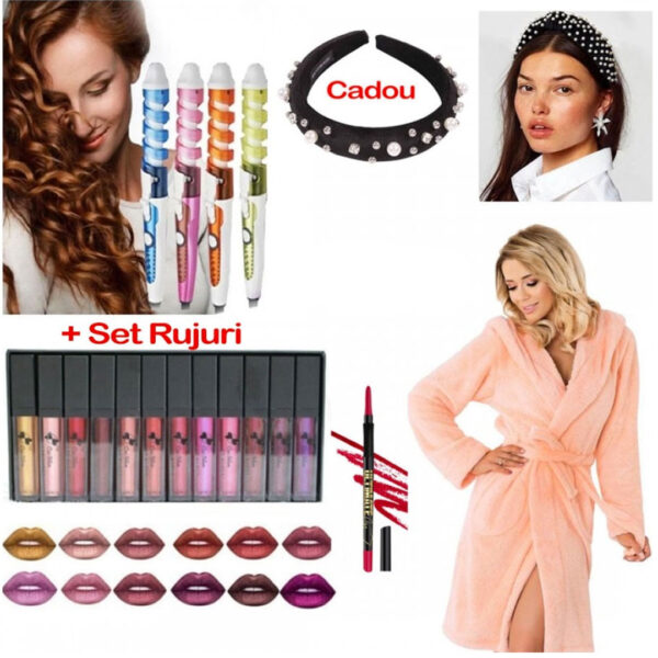 Halat de baie pufos si calduros + Ondulator ceramic Perfect Curl + Set 6 Rujuri + Creion Contur Buze + Cadou Accesoriu par New Trend!