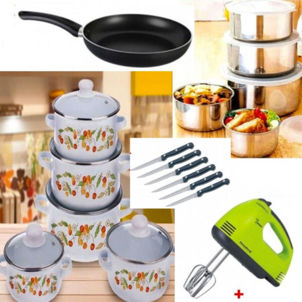 Oale cu capace, Set 10 Piese, Vanora + Mixer electric + Set 10 Piese Vase inox cu capace + Tigaie teflon Premium + Set 6 Cutite de friptura Cadou!