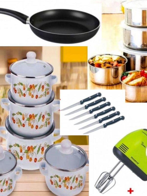 Oale cu capace, Set 10 Piese, Vanora + Mixer electric + Set 10 Piese Vase inox cu capace + Tigaie teflon Premium + Set 6 Cutite de friptura Cadou!