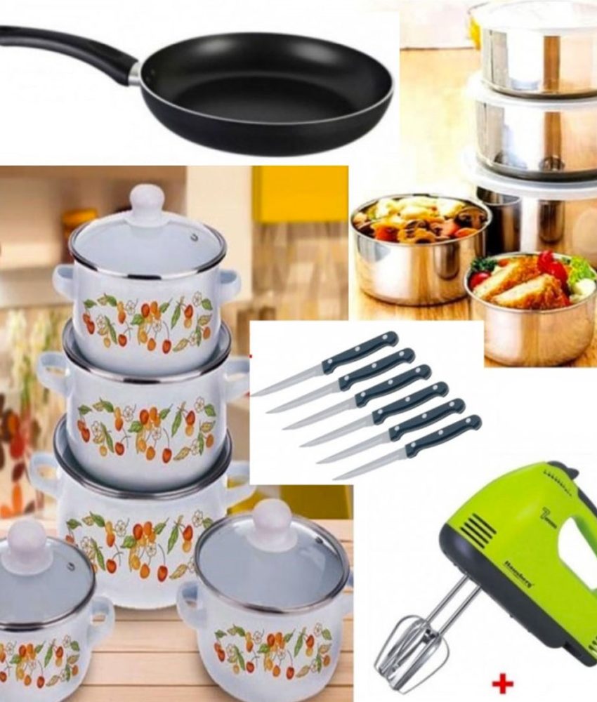 Oale cu capace, Set 10 Piese, Vanora + Mixer electric + Set 10 Piese Vase inox cu capace + Tigaie teflon Premium + Set 6 Cutite de friptura Cadou!