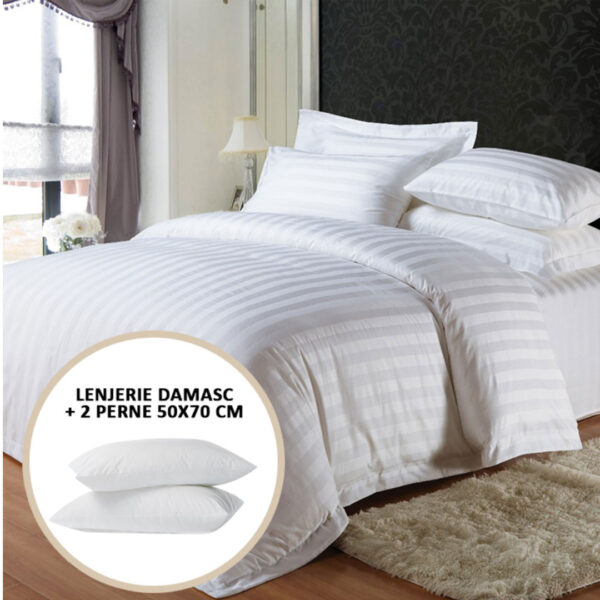 Lenjerie Damasc Alb 4 Piese bumbac Policoton King Size , pat dublu + 2 Perne Pufoase Hypo-Alergice 50x70cm! Fabricat in Romania!