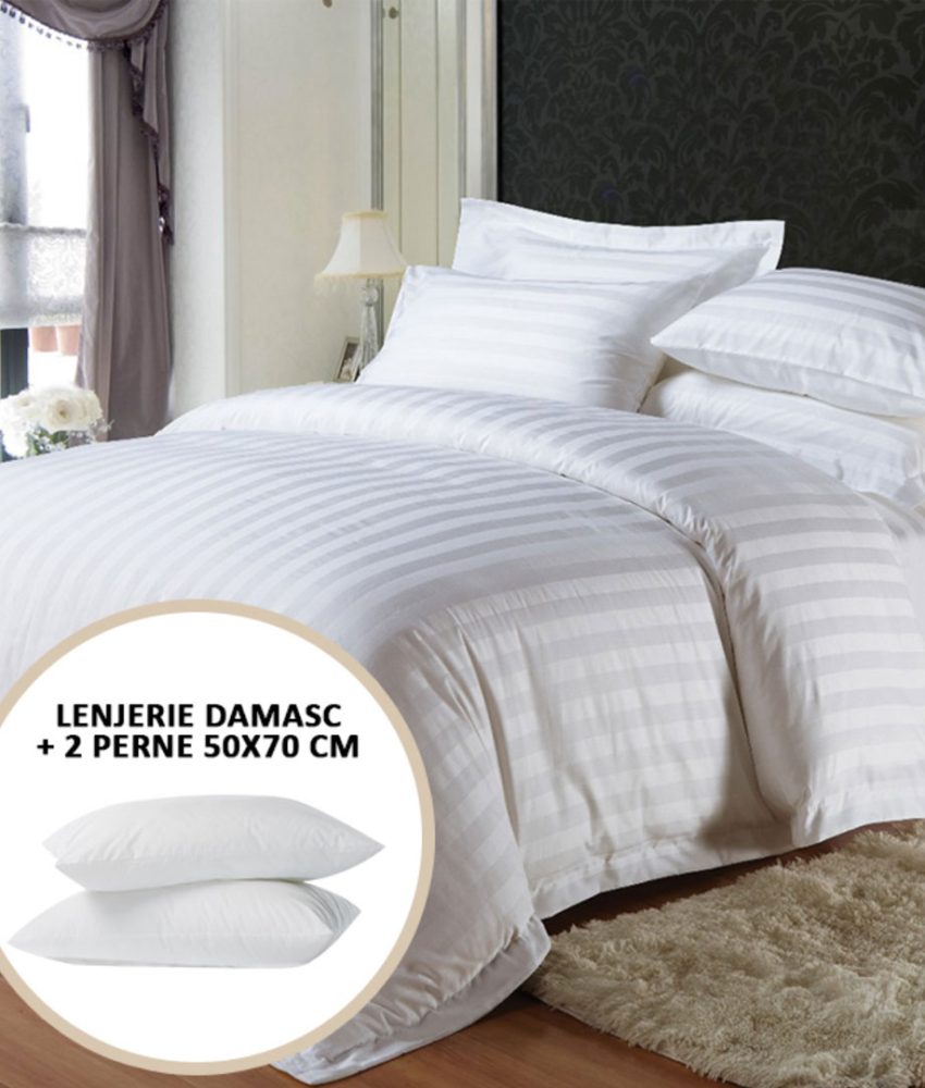 Lenjerie Damasc Alb 4 Piese bumbac Policoton King Size , pat dublu + 2 Perne Pufoase Hypo-Alergice 50x70cm! Fabricat in Romania!