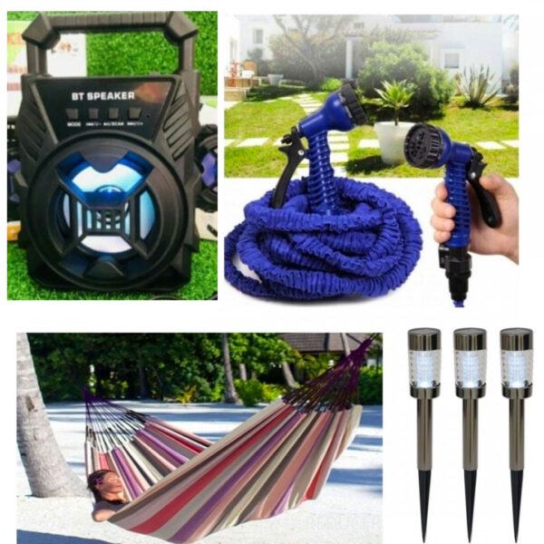 Boxa Portabila Activa cu Bluetooth, Radio FM, Lumini Disco, USB + Furtun extensibil de gradina Magic Hose 45 m+ Pistol de stropit + Hamac Columbian din in multicolor + Cadou Set 3 lampi solare!