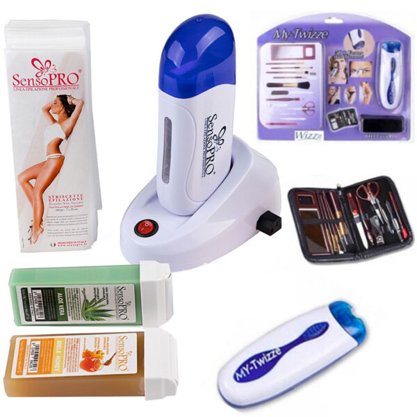 Kit complet Epilare: Incalzitor Ceara Profesional cu suport dock in + 2 Rezerve Ceara naturala SensoPRO + Set 100 Benzi de epilat + Epilator Wizzit + Trusa Manichiura/pedichiura!
