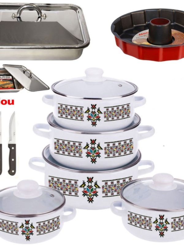 Pachet 10 piese oale cu capace + Tava cu capac inox + Tava de copt teflonata, cu con + Cadou Set 3 Cutite inox!