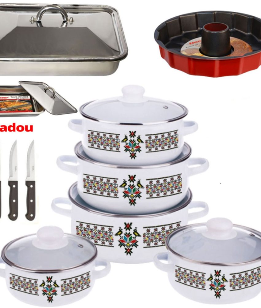 Pachet 10 piese oale cu capace + Tava cu capac inox + Tava de copt teflonata, cu con + Cadou Set 3 Cutite inox!