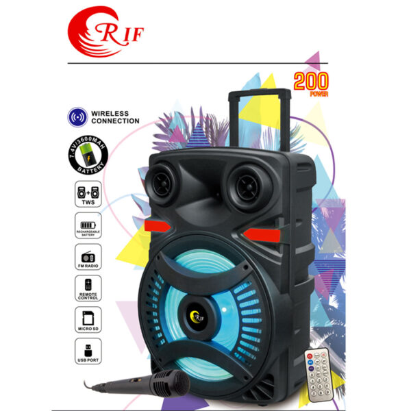 Boxa bluetooth portabila RIF REFCO ® RF-2157-8, tip troler, putere 200W, leduri, subwoofer, microfon, telecomanda