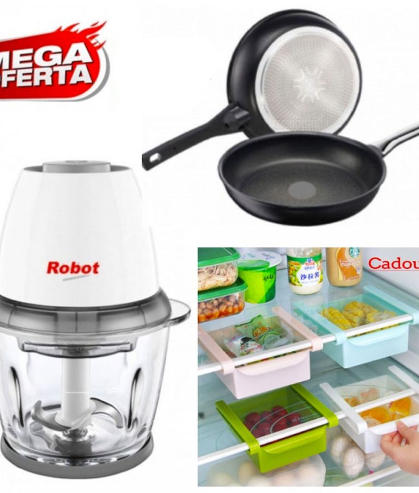 Robot Electric Chopper/tocator, pentru toate tipurile de alimente + Set 2 Tigai teflon Delis + Cadou 2 Organizatoare frigider!