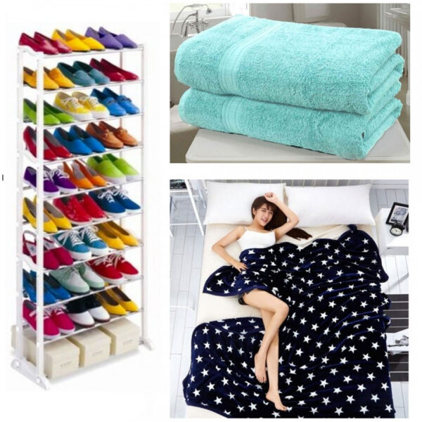 Organizator Pantofi Shoe Rack + Patura pufoasa cocolino, 200x220cm, diferite modele + Set 2 Prosoape, 50x90cm bumbac 100%