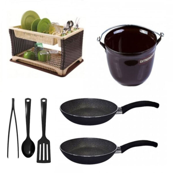 Ceaun cu toarta + Set 2 Tigai Teflon Delis + Suport de vase model ratan, cu tava de scurgere + CADOU 1 Set Ustensile de bucatarie!