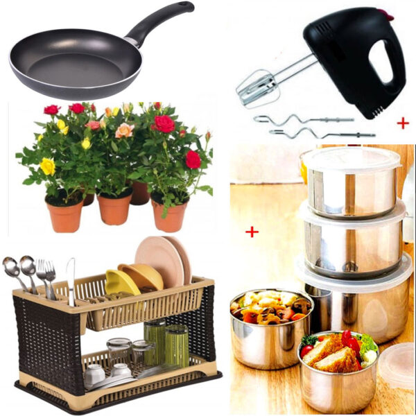 Mixer Electric 7 viteze, 4 palete + Set 10 Piese Vase inox, cu capace + Uscator de vase cu tava de scurgere + Tigaie Teflon DELUXE + 3 Ghivece Flori Cadou