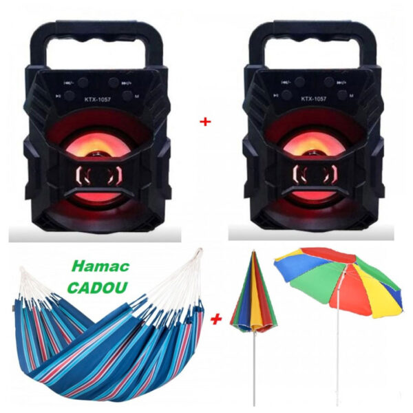 Umbrela de soare cu protectie UV + 2 Boxe Portabile KTX Bluetooth Radio FM AUX SD CARD USB Leduri Disco + Hamac Columbian Cadou din in multicolor!