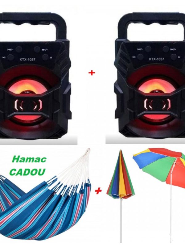 Umbrela de soare cu protectie UV + 2 Boxe Portabile KTX Bluetooth Radio FM AUX SD CARD USB Leduri Disco + Hamac Columbian Cadou din in multicolor!