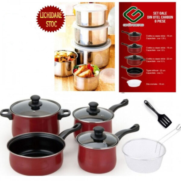 Oale si cratite cu capace + Set 10 Piese vase inox cu capace + Cadou 1 Storcator de citrice, redus de la 259 Lei!