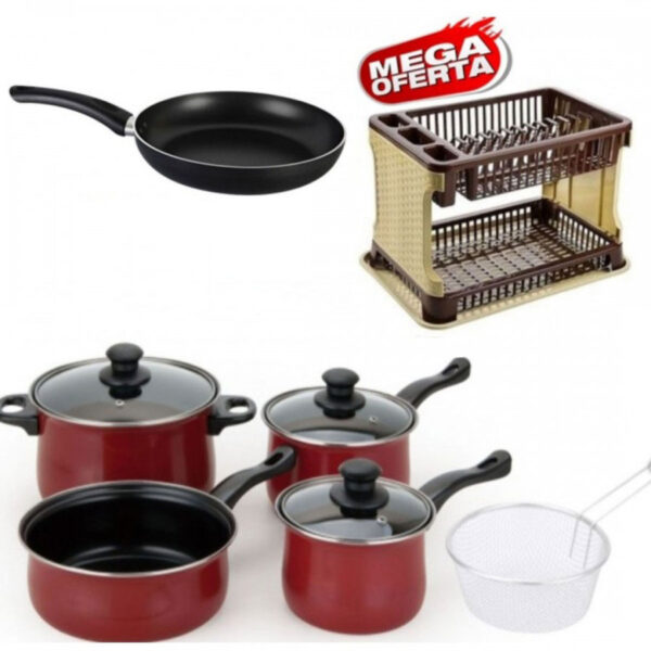 Set de gatit Grunberg 8 piese, otel carbon teflonat, capace sticla termorezistenta + Uscator de vase etajat, model ratan, tava de scurgere + Cadou Tigaie teflon!