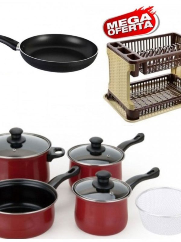 Set de gatit Grunberg 8 piese, otel carbon teflonat, capace sticla termorezistenta + Uscator de vase etajat, model ratan, tava de scurgere + Cadou Tigaie teflon!