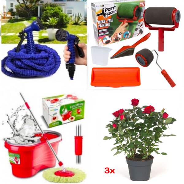 Magic Hose Furtun extensibil gradina, 30m + Mop Rotativ cu galeata Easy Clean + Trafalet Pintar Facil + Cadou Set 3 Ghivece cu trandafiri mini Rosa
