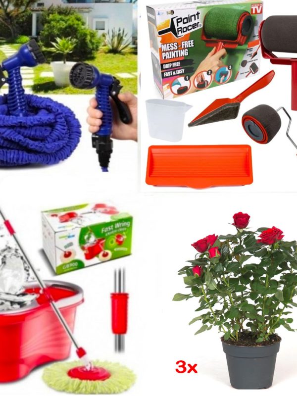 Magic Hose Furtun extensibil gradina, 30m + Mop Rotativ cu galeata Easy Clean + Trafalet Pintar Facil + Cadou Set 3 Ghivece cu trandafiri mini Rosa
