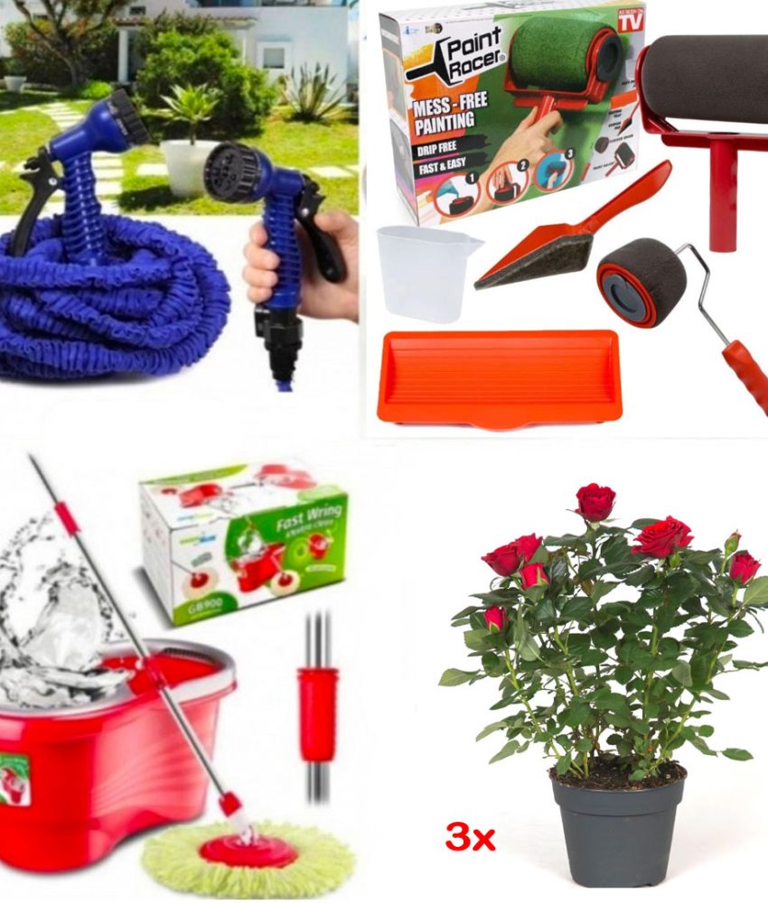 Magic Hose Furtun extensibil gradina, 30m + Mop Rotativ cu galeata Easy Clean + Trafalet Pintar Facil + Cadou Set 3 Ghivece cu trandafiri mini Rosa