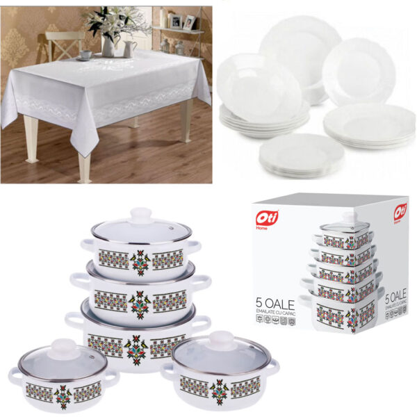 Set pentru gatit 10 piese, model traditional + Serviciu de masa Elegant 12 Farfurii, albe, opal + Cadou 1 Fata de Masa alba,  pentru 6 persoane!