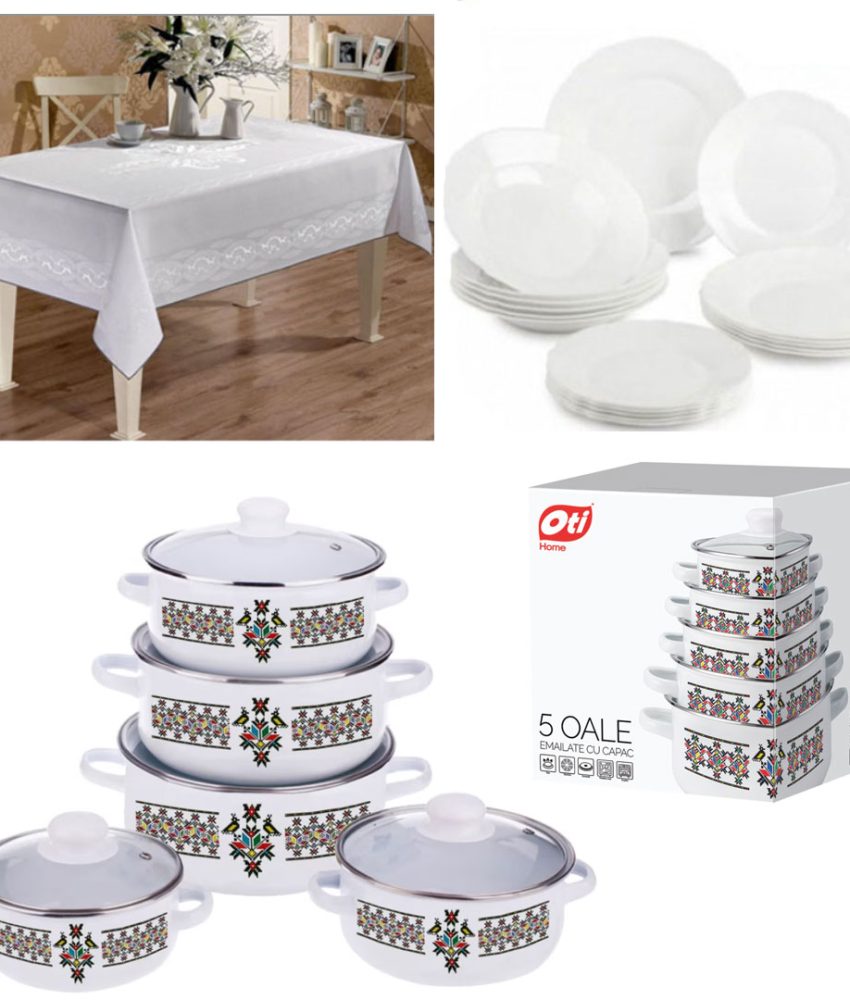 Set pentru gatit 10 piese, model traditional + Serviciu de masa Elegant 12 Farfurii, albe, opal + Cadou 1 Fata de Masa alba,  pentru 6 persoane!