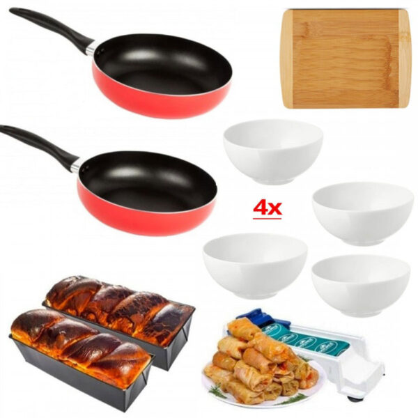 Tigai Teflon set 2 bucati + 2 Tavi Cozonac + Set 4 Boluri portelan + Aparat Dolmer de facut sarmale + Cadou Tocator maro din lemn!