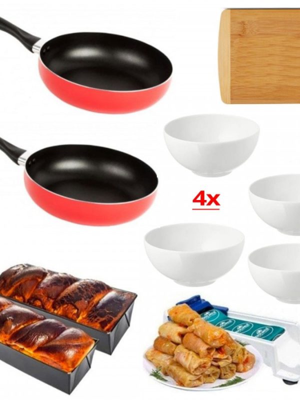 Tigai Teflon set 2 bucati + 2 Tavi Cozonac + Set 4 Boluri portelan + Aparat Dolmer de facut sarmale + Cadou Tocator maro din lemn!