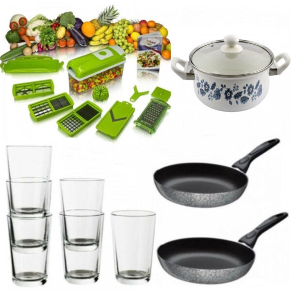 Razatoarea Nicer Dicer 9 piese, 11 moduri de taiere + Set 2 Tigai teflon + SET 6 PAHARE + Cadou 1 cratita cu capac!